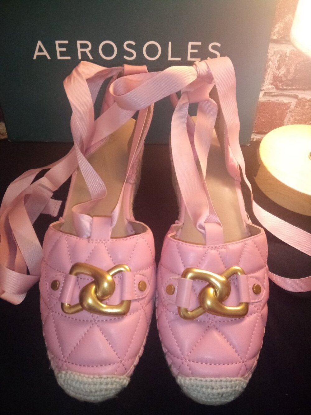 NWT Pink Leather Espadrilles Ribbon Tie Up - Aerosoles